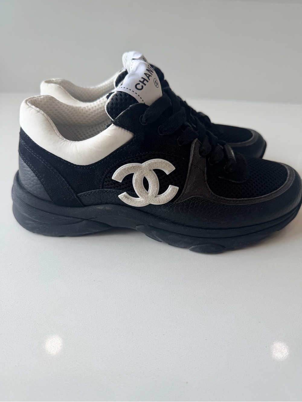 Chanel Black & White CC Logo Sneakers (Size 37.5) w/ Box & Receipt - Picture 2 of 7